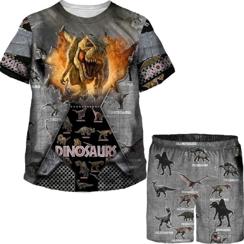 Toddler Boys Girls Cartoon 3D Print Jurrasic Dinosaur T Rex Velociraptor Tees/Suits Teenager Casual Summer T Shirt Tracksuit Set