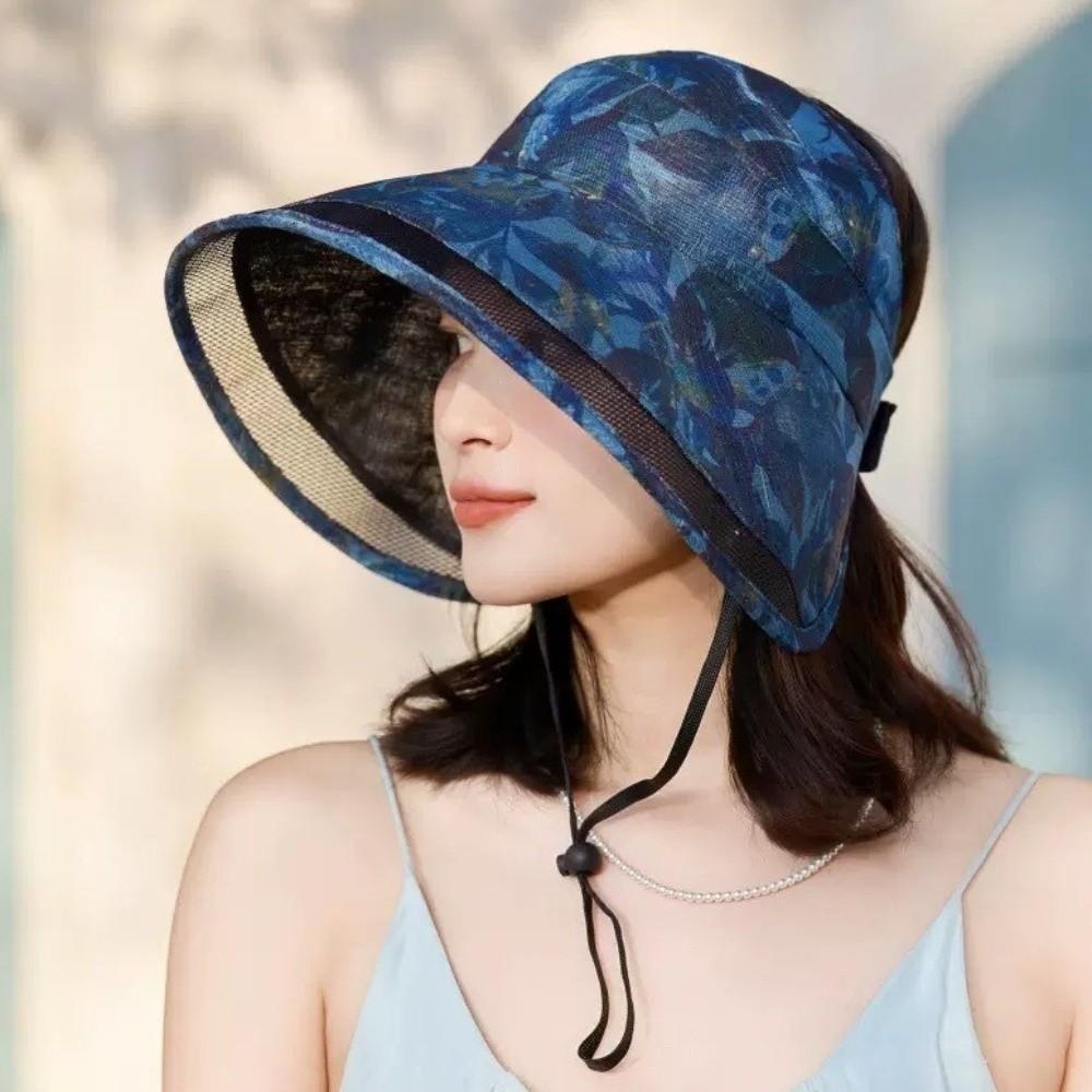 Anti-UV Adjustable Flower Empty Top Cap Polyester Mesh Anti-Sun Fisherman Hat Leaf Breathable Large Brim Sun Hat Outdoor