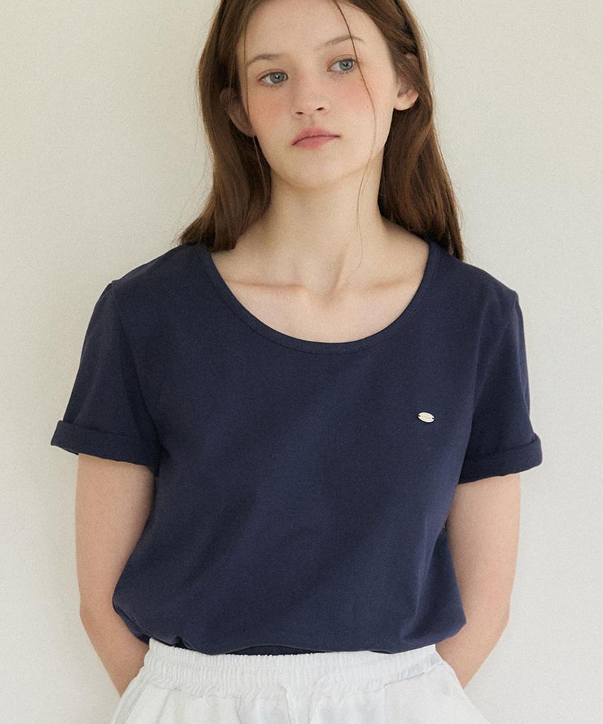 OURHOPE Logo Silky U-Neck T-Shirt - Navy