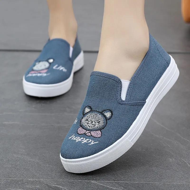 Sapatos Femininas Women Cute Round Toe Black Canvas Anti Skid Spring Slip On Loafers Student School Blue Shoes Ab121