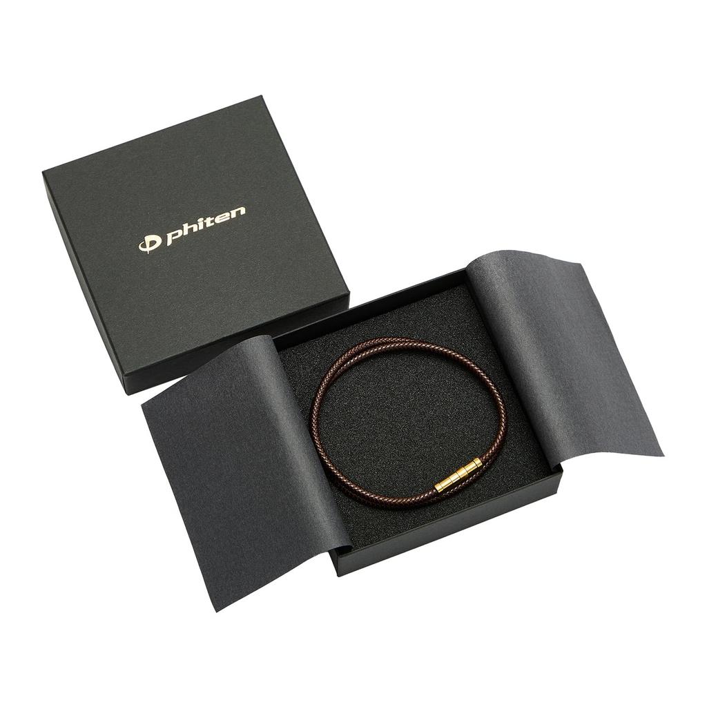 phiten Necklace RAKUWA Magnetic Titanium Necklace Leather Style 50cm Shoulder Relief Blood Men Brown/Gold [Stiff Neck] [Stiffness Improvement/Relief]