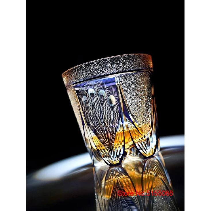 Peacock Open Screen Edo Kiriko Manual Cut Purple Crystal Glass Wine Snifter Brandy Tumbler Rock Glasses Whisky Cup Glassware