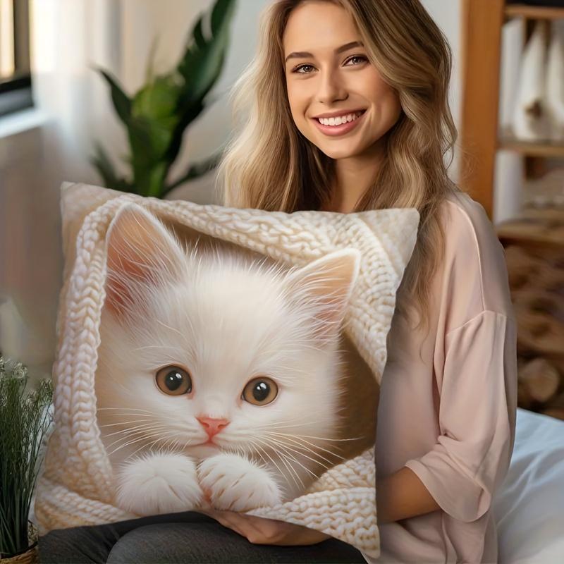 White Kitten Print Cushion Covers Chair Living Room Pillowcase Cozy Zipper Sofa Pillow Covers Bedroom Indoor Home Decor
