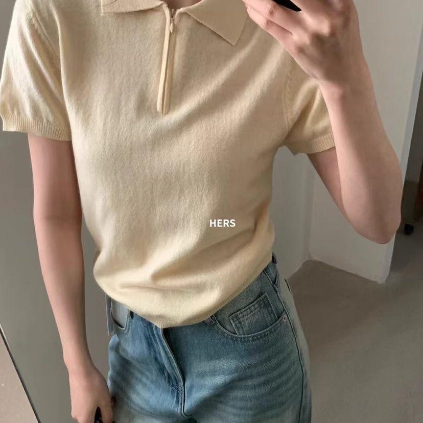 Printemps Été Nouvelle Arrivée Coréen Simple et Polyvalent Col Polo Manches Courtes Demi-Zip Pull Tricoté