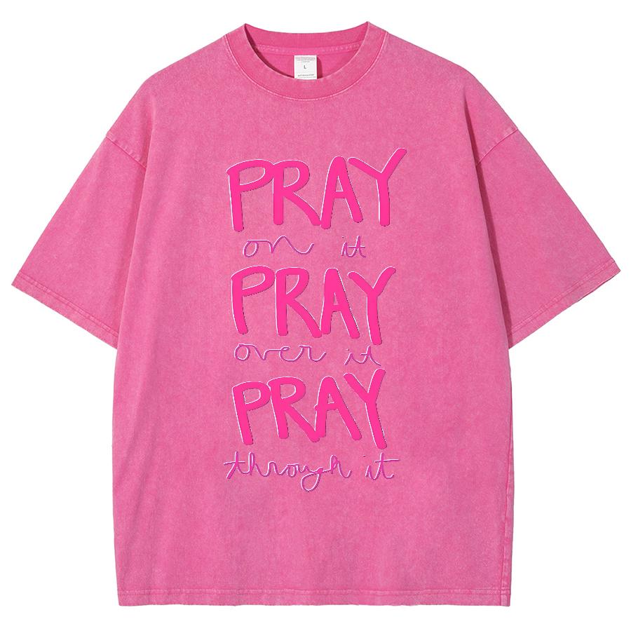 Pink Pray Letter Print Women Washed Denim T-Shirt Oversized Loose Half Sleeve Party Fashion Sweet Cool Girl Top