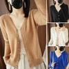 Spring Summer Knitting Cardigan V-Neck Long Sleeve Ribbed Cuffs Sweater Solid Color Single Breasted Stretchy Knitwear