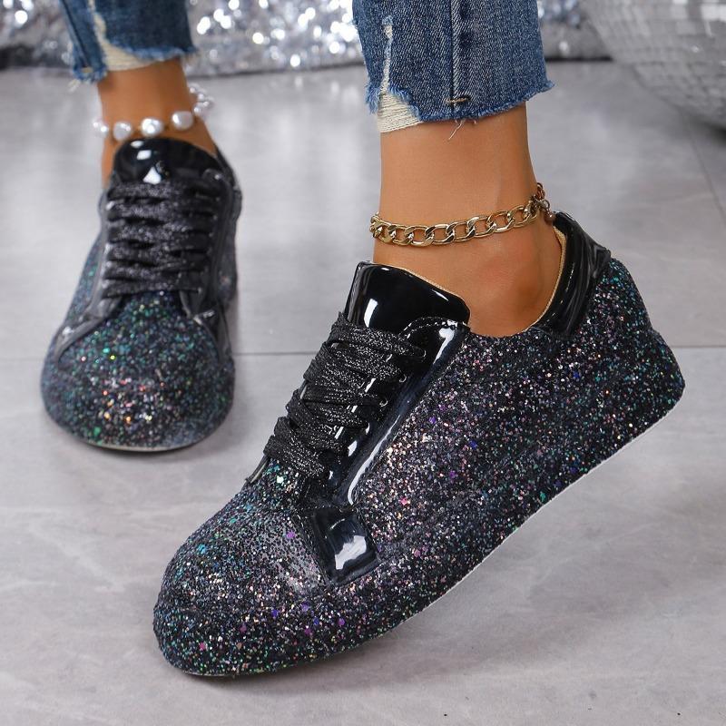 Large Size Sequined Casual Fashion Single Shoes Women's Front Lace-up Flat Bottom Round Head Low-top Sneakers Women's