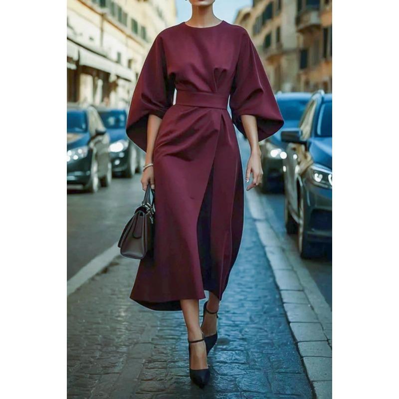 Mode femme été printemps couleur unie imprimé manches 3/4 col rond robes décontractées