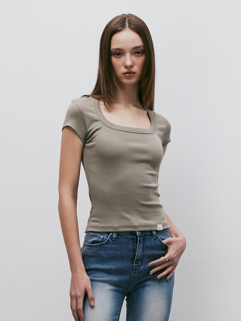 KITTY POTTERY Classic Soft Deep Square Neck T-Shirt (Khaki)