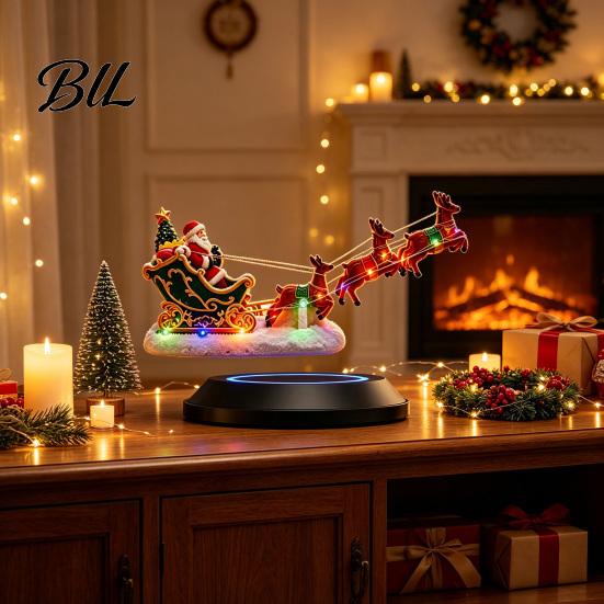 Christmas Party Decor Lighted Floating Santa Sleigh, Magnetic Levitation Flying Sleigh Ornament with Claus Home Accents LED Light, Centerpiece
