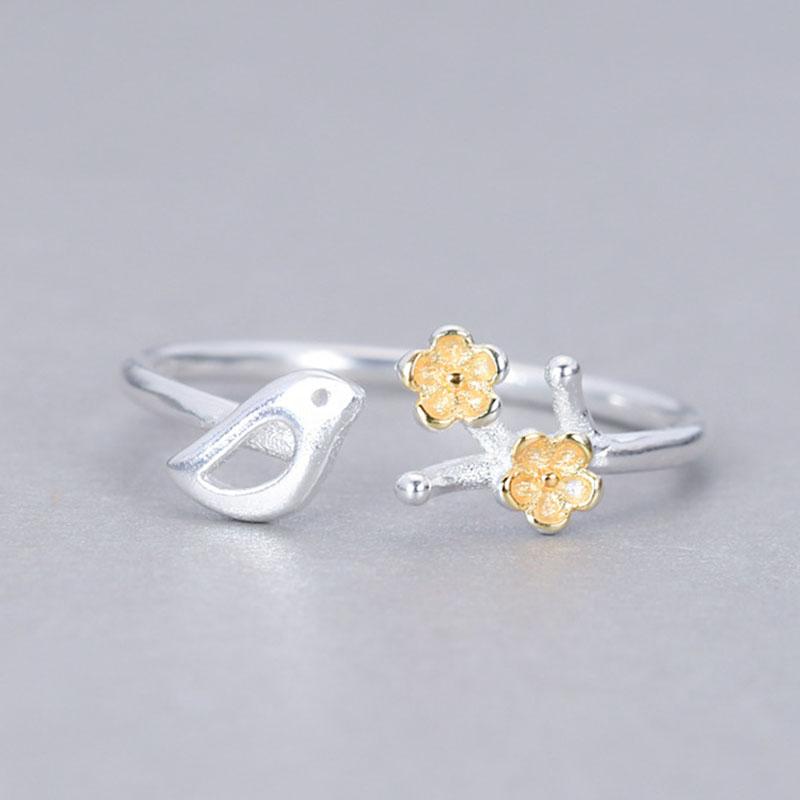 Plum Flower Adjustable Ring For Women Cute Bird Branches Cross Opening Finger Ring Personality Birthday Party Wedding Jewelry