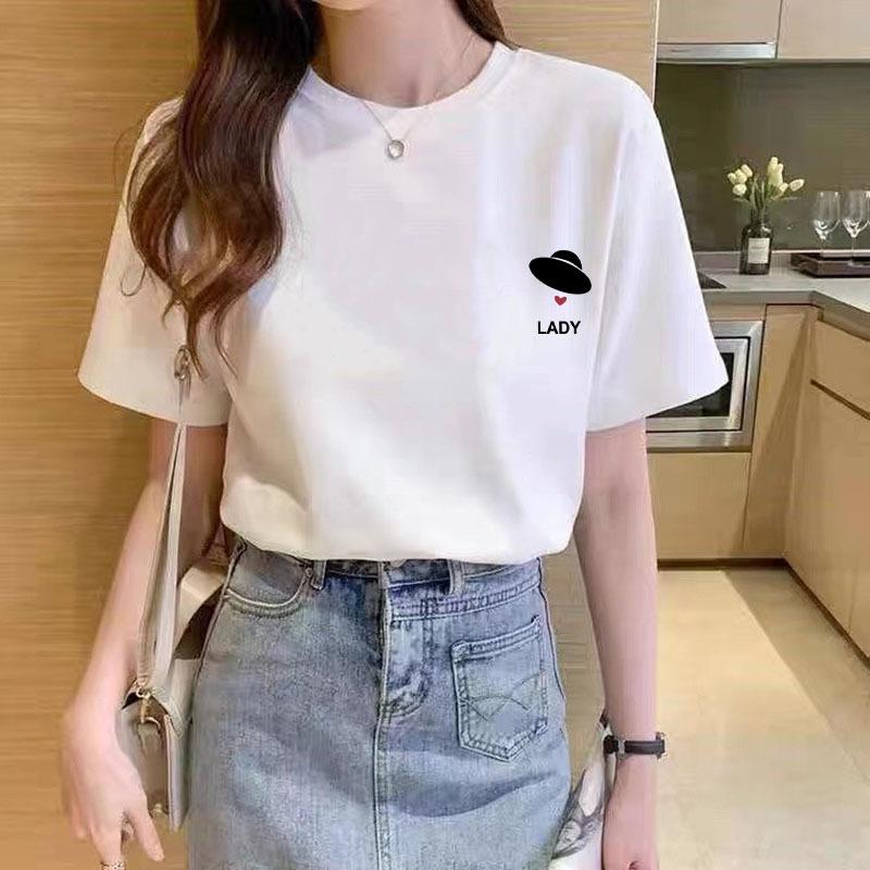 Sommer Damen Baumwolle Lose Weiße Kurzarm T-Shirt Rundhals Bedrucktes Oberteil