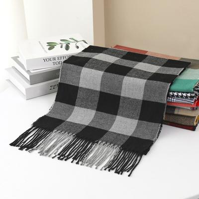 Men Scarf Plaid Pattern Tassel Trim Long Style Wrap Imitation Cashmere Thermal Insulation Scarf Daily Wear