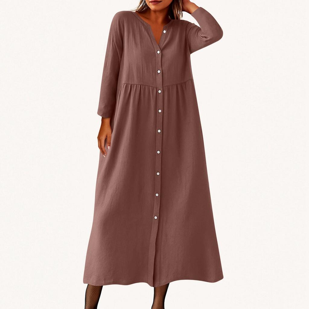 Women's Fashionable Color Round Neck Seven Quarter Sleeve Button Loose Shirt Dress