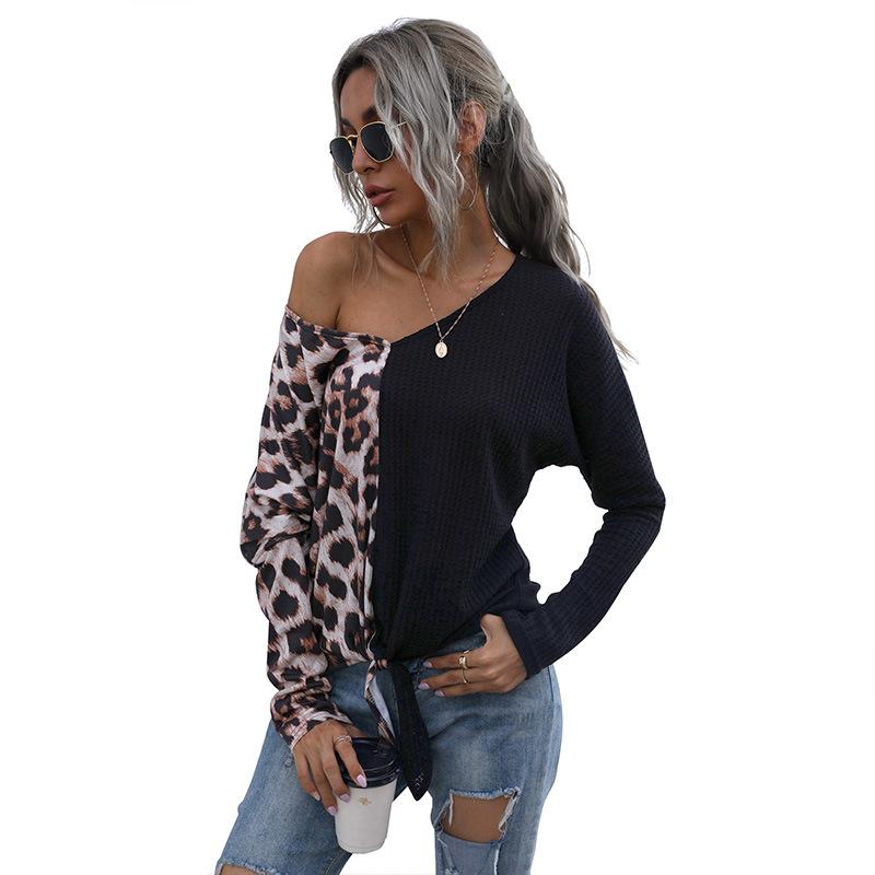 Woman Clothing Fashion Casual Tops Shirts Fashionable and Casual Temperament Loose Top Women Spliced Leopard Print V-Neck Long Sleeve Knit Sweater