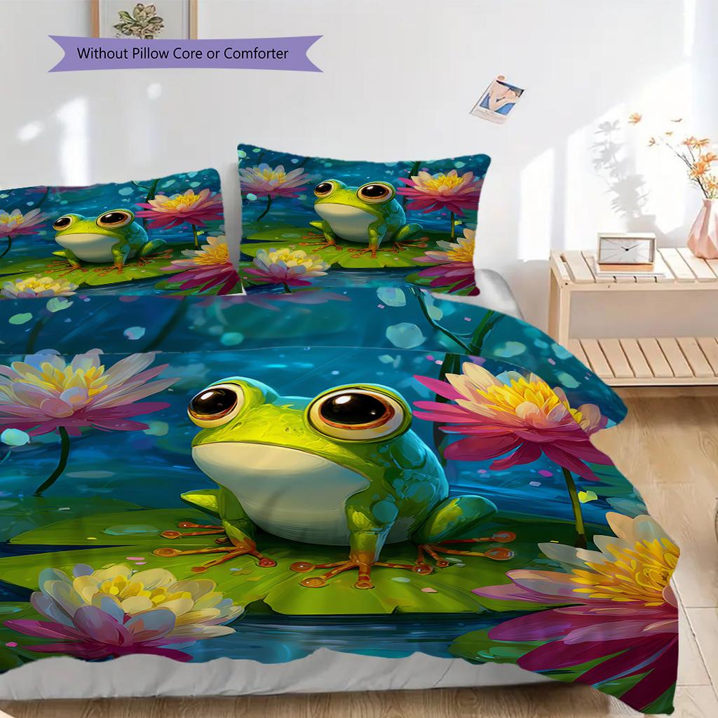 Frog Pattern Bedding Quilt Set Quilt Cover Pillowcase Home Decoration Birthday Gift (1 * Duvet Cover + 2 * Pillowcase, Without Core)