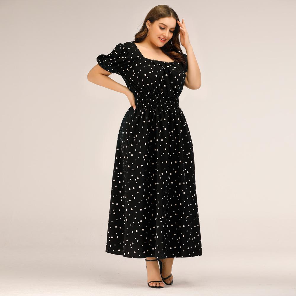 Women Summer Plus Size Square Collar Bubble Sleeves High Waist A Line Dot Print Long Dress XL-4XL