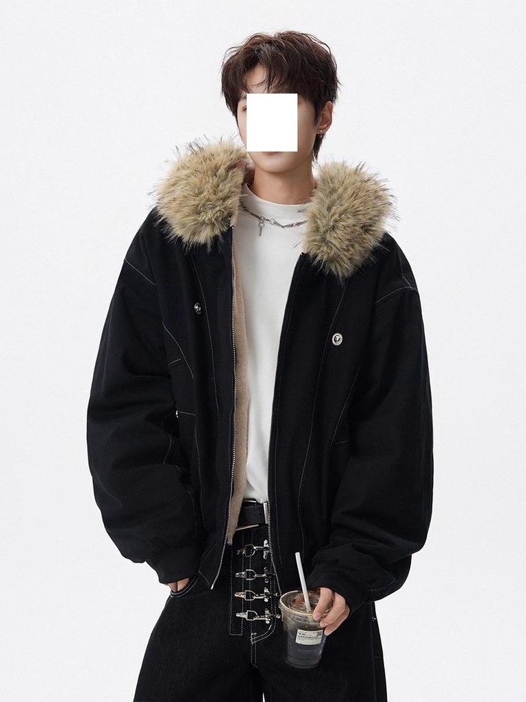 Men's American Style Mountain Eagle Fur Collar Cotton Jacket - Winter Retro Casual Warm Outerwear 