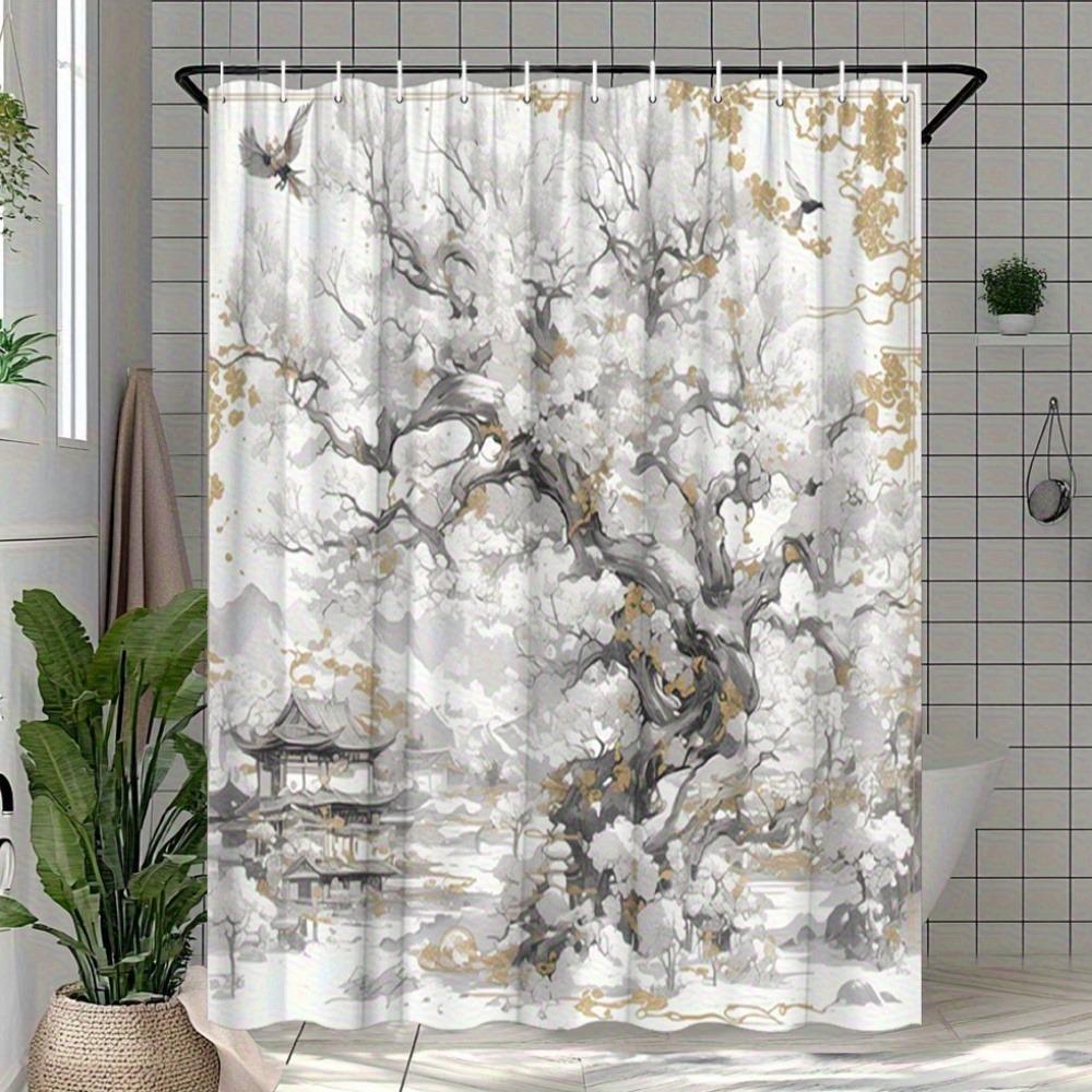 Distorted Tree-shaped Design Washable Dirt-Resistant Shower Curtain Shower Head Waterproof Polyester Bath Curtain For Home Decor