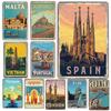 D plakāta metāla zīme Vintage ceļojumu skārda zīmju komplekts Malta Normandija Spānija Vjetnama Portugāle Maroka Londona Roma Sidneja Retro sienas māksla D