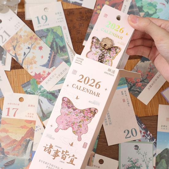 2026 Vintage Eiropas stila eļļas glezniecības atgriežamais kalendārs janvāris-decembris galda plānotājs ar tauriņa kulonu