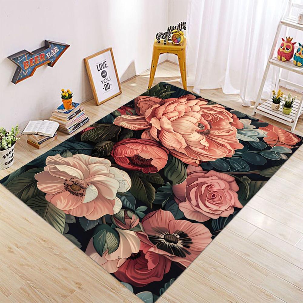 Elegant Floral Botanical Carpet Luxury Washable Floor Mat for Living Room Dining Room Bedroom Bedside Non Slip Soft Rug