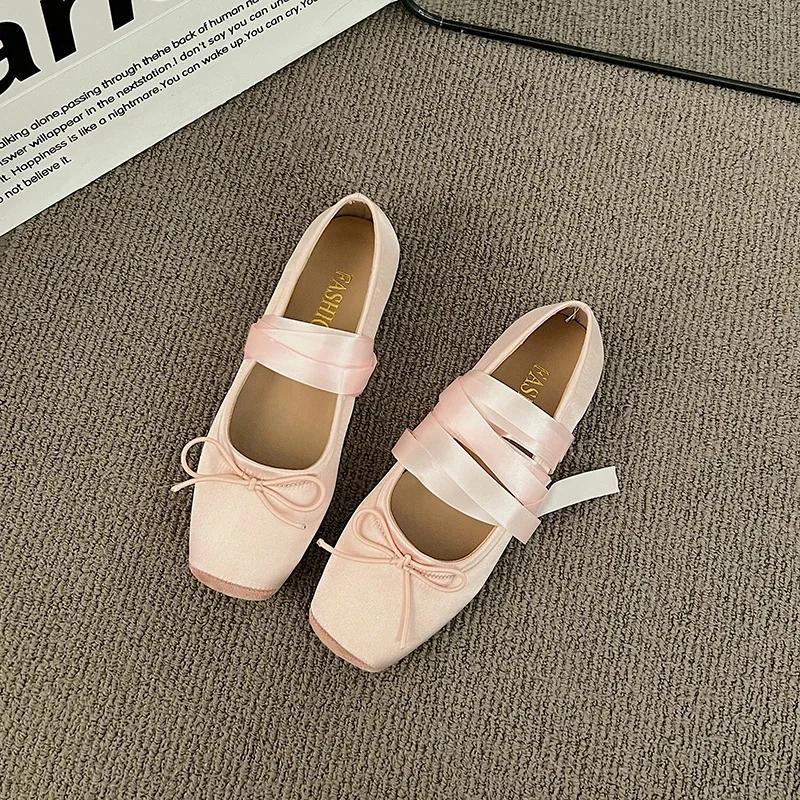 2024 Luxury  Lace Tie Leg Satin Silk Ballet Flats Woman Square Toe Bowknot Elastic Band Ballerinas Ladies Wedding  Floral Shoes