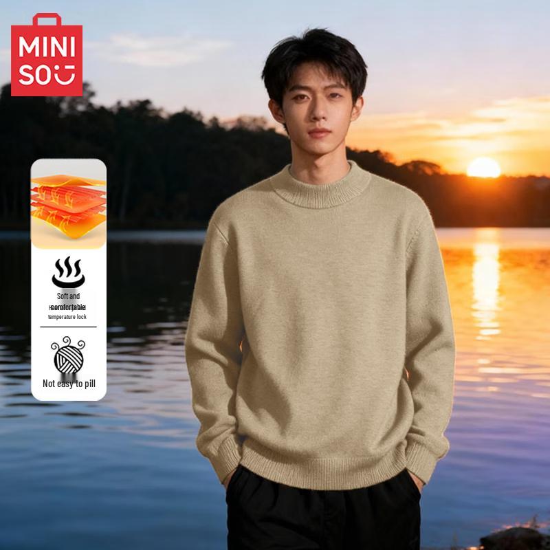 MINISO Men's American Retro Plush Mock Neck Sweater