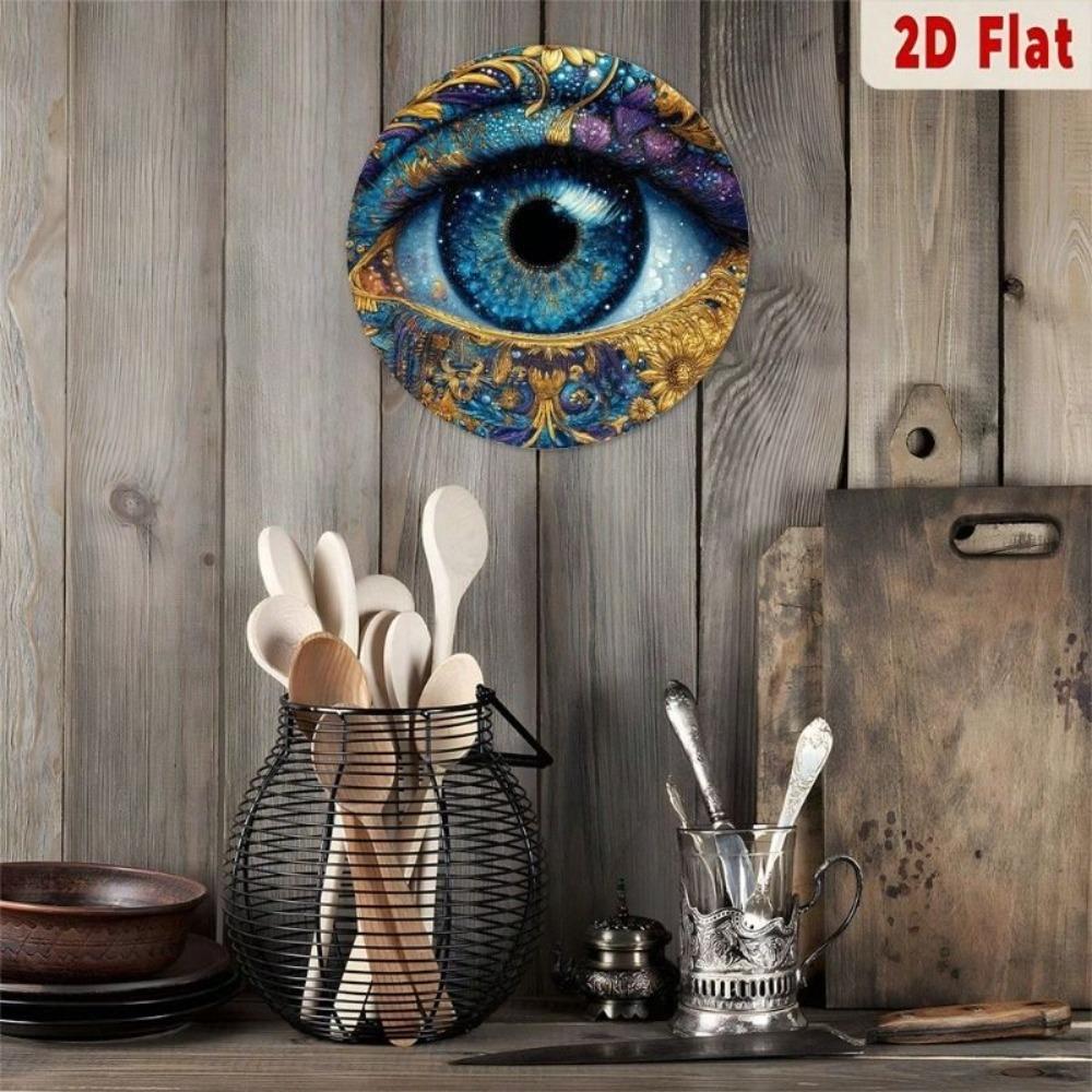 Metal Wall Art Poster, Eye in Starry Sky with Flowers, Living Room Decor