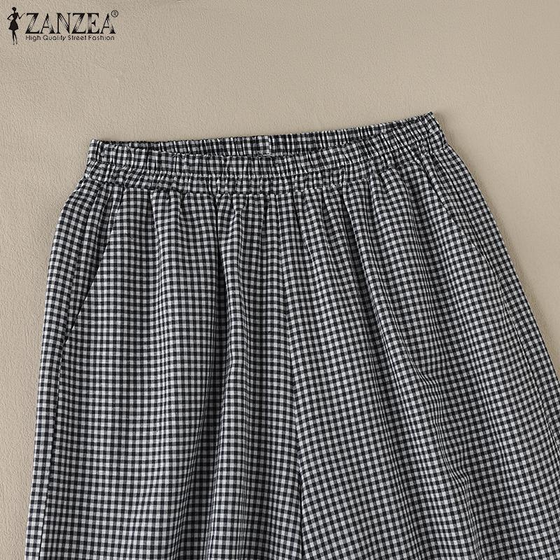 ZANZEA Women Casual Elastic Waist Loose Plaid Wide Leg Pants