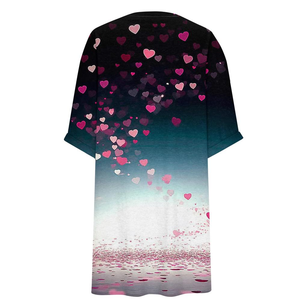 Women's Fashion Plus Size V-Neck Three-Quarter Sleeve Casual Valentine's Day Love Print Loose Dress With Pockets