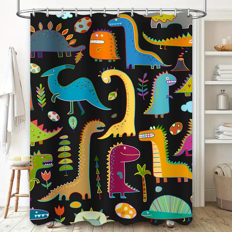 Colorful Dinosaur Shower Curtain Kids Bathroom Decor Black Background with Multicolored Dinosaurs – Made in China (CN)