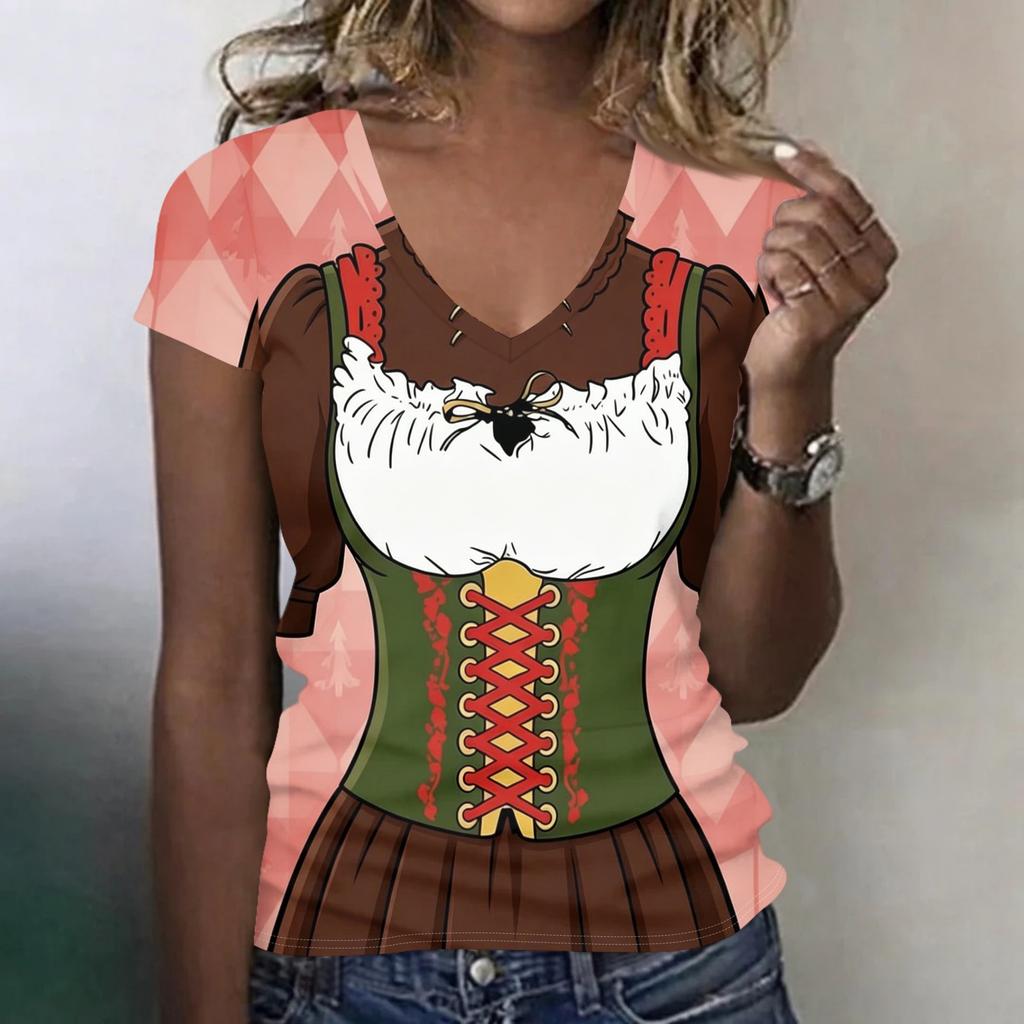 Womens Casual V Neck Short Sleeve Oktoberfest Print T Shirt Top Lightweight Comfortable Fit Soft Fabric