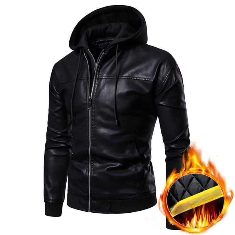 New Padded Hooded Leather Jacket Men's Jacket Loose Hooded Fleece Thickened Leather Jacket