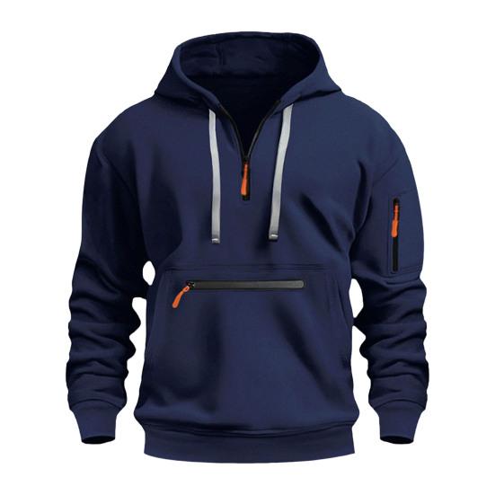 Fall Winter Men Hoodie Zipper Decor Loose Elastic Cuff Drawstring Warm Pullover Mid Length