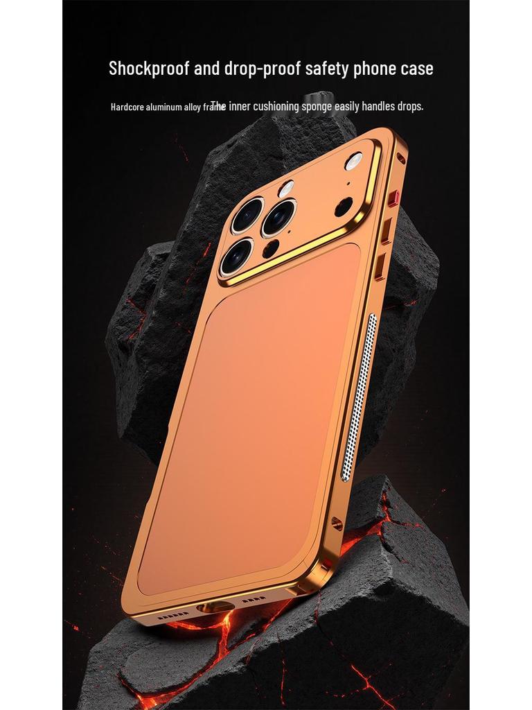Aluminum Alloy Frame Protective Case for Apple 16 Pro Max with Metal Heat Dissipation Back Sticker