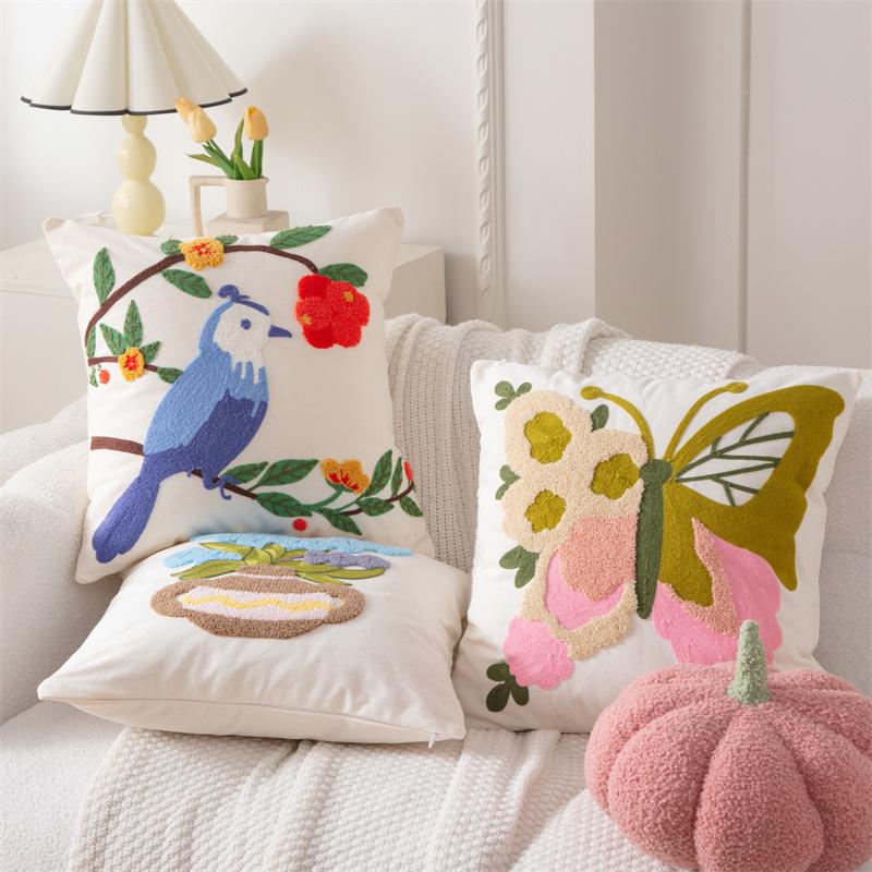 Cotton Canvas 3D Effect Birds Embroidery Throw Pillow Cover Decorative Cushion Cover For Sofa Office Home Room Decoration