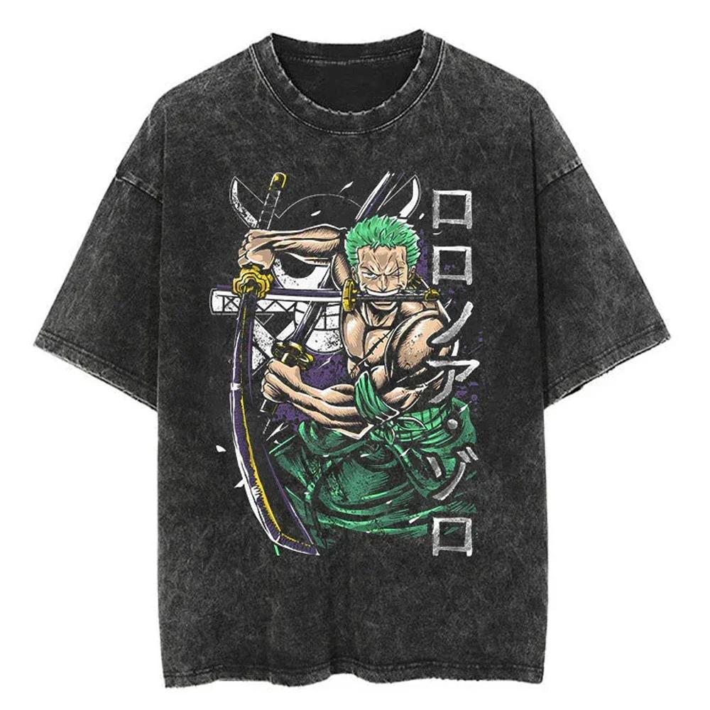 Lässiges gewaschenes Harajuku Herren T-Shirt Baumwolle gewaschen Japanischer Anime One Piece Grafik Locker Streetwear Schwarze Oberteile T-Shirts