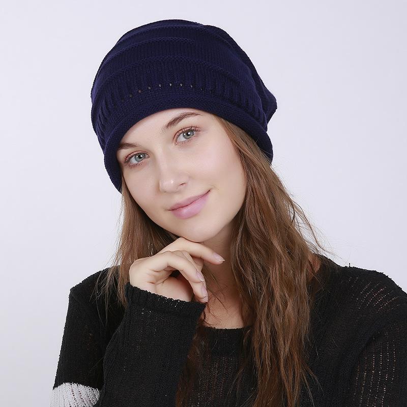 Frauen Herbst Winter Plissee Horizontal Gestrickte Wolle Einfarbig Dünne Hut