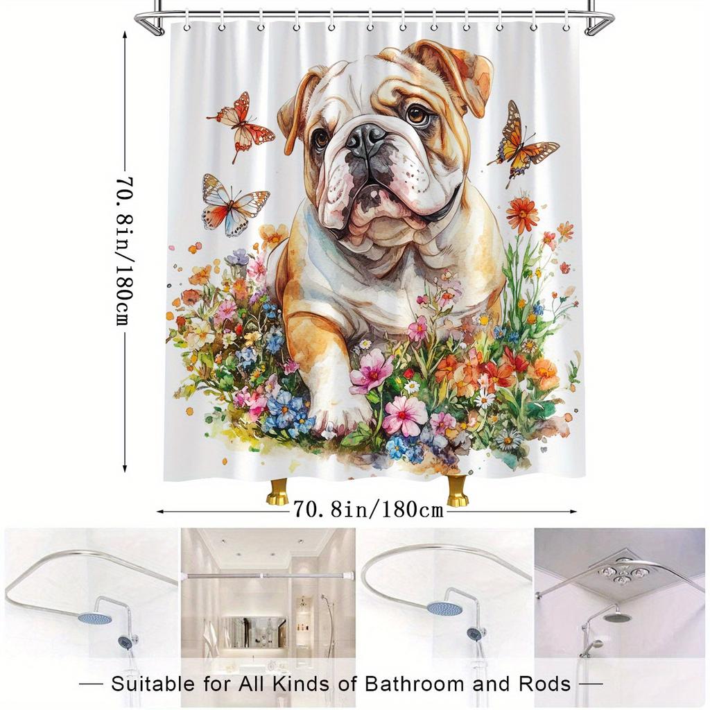 English Bulldog & Butterflies Shower Curtain - Watercolor Design, Water-Resistant Polyester, 12 Hooks, Landscape Theme