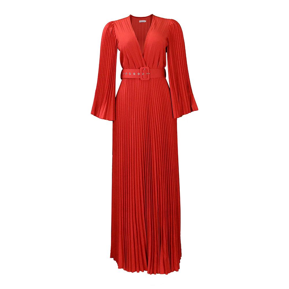 European and American Fashion Casual Women's V-neck Sexy Pleated Large Hem Formal Dress Long Dress