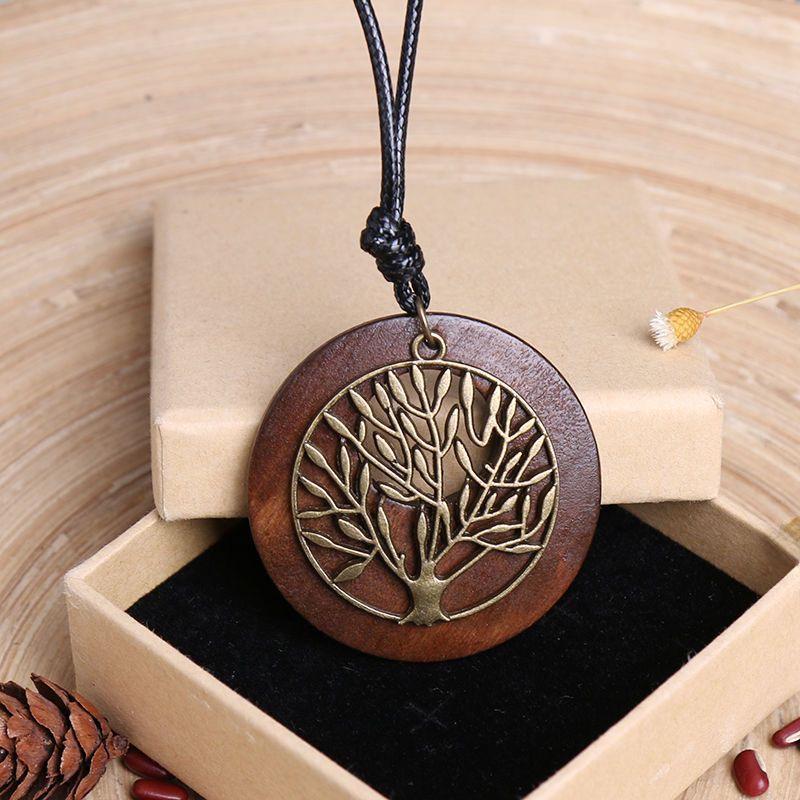 Ethnic Style Cotton-Linen Wooden Sweater Chain Necklace with Alloy Leaf Pendant
