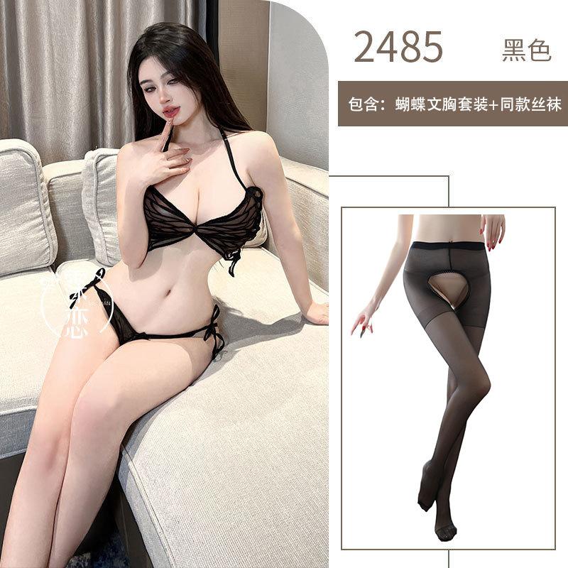 Sexy lingerie set three-point perspective mesh belly pocket nightclub bow lace-up bra temptation