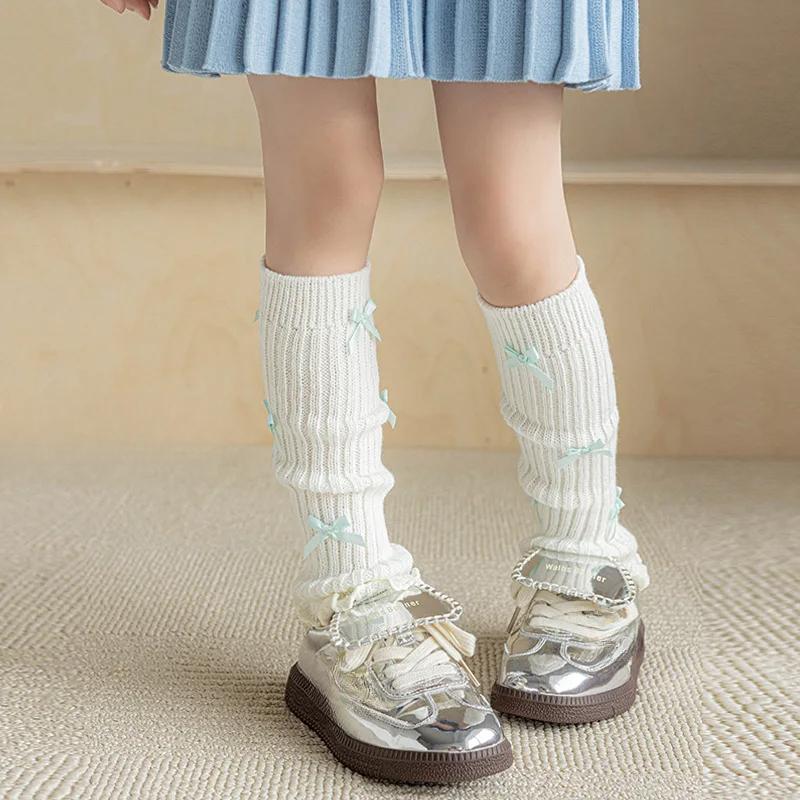 1 Pair Autumn Warm Leg Warmers for Kids Girl Chic Sweet Ballet Bow Knitted Yarn Sock Winter Fashion Cute Pile Sock Legwarmers