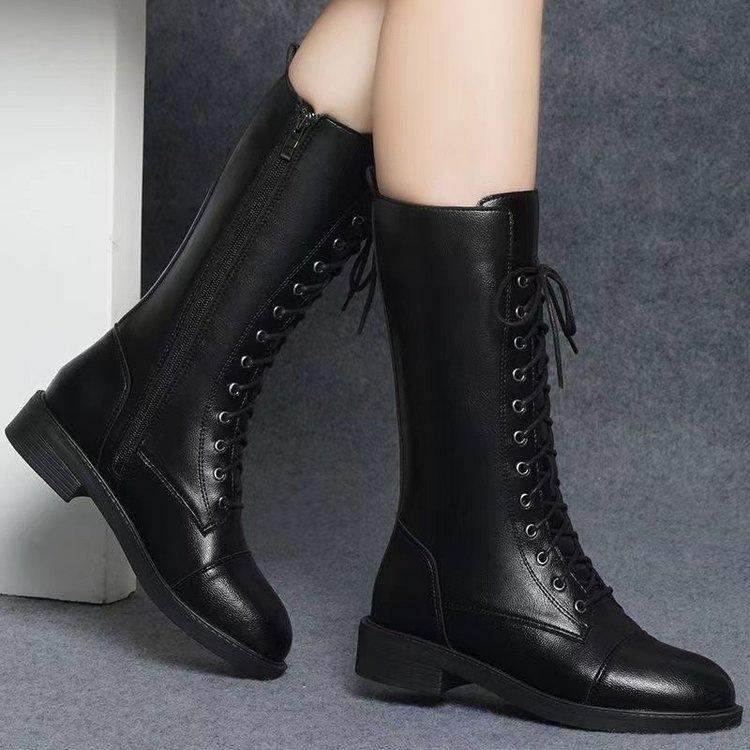 Autumn and winter soft leather thick heel Martin boots new velvet warm snow boots high flat medium boots