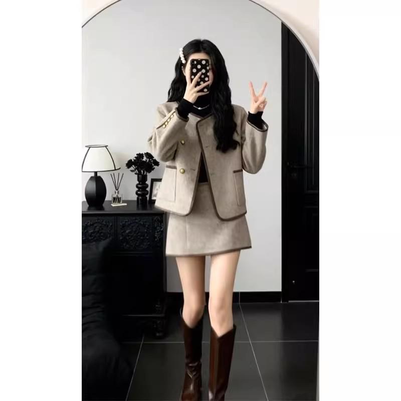 French Chic Autumn/Winter Wool Coat & Skirt Set - Elegant Trendy Attire