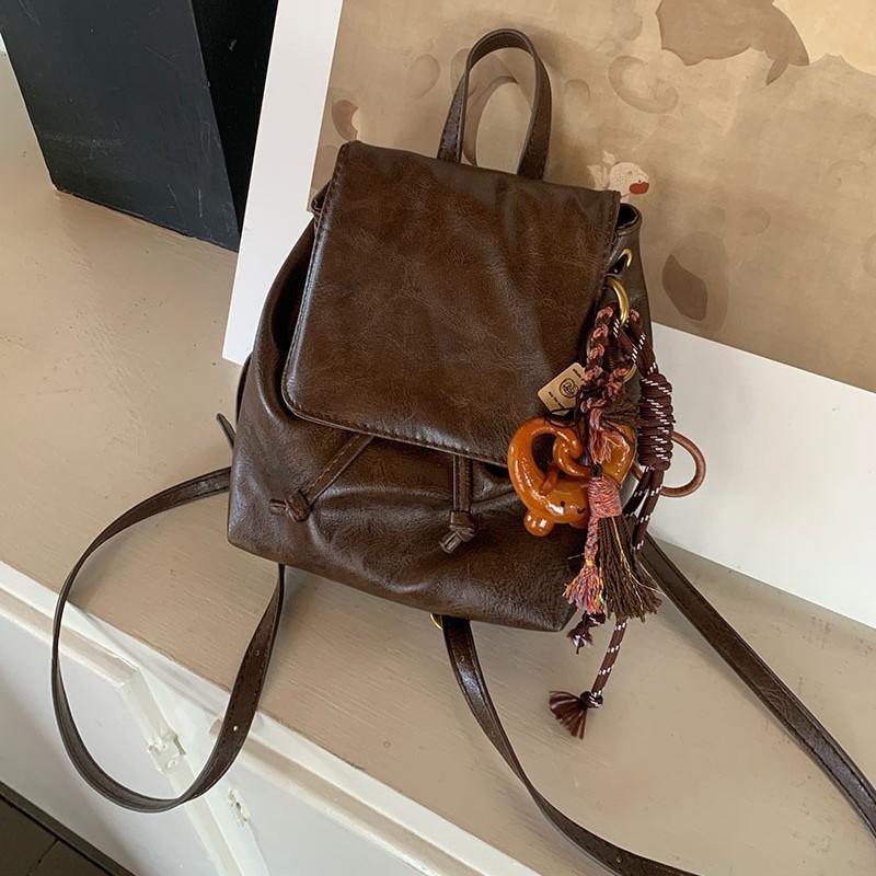 Brown Leather Pattern Small Backpack Retro Pu Soft Leather Texture Versatile Shoulder Bag Commuting Versatile Small Backpack