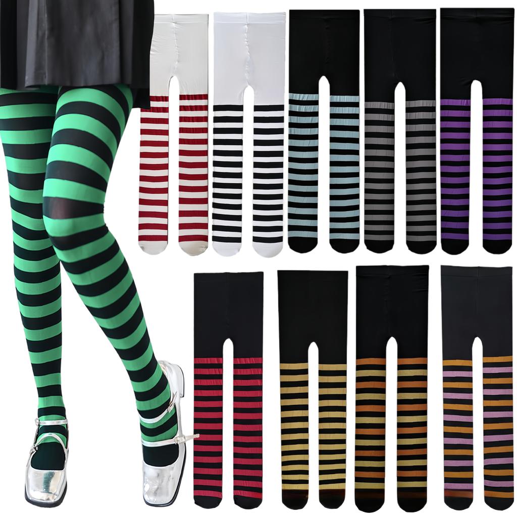 Women'S 50D Nylon Wide Striped Opaque Tights Adult Halloween Horizontal Colorful Stripes Pantyhose For Cosplay, And Daily Wear