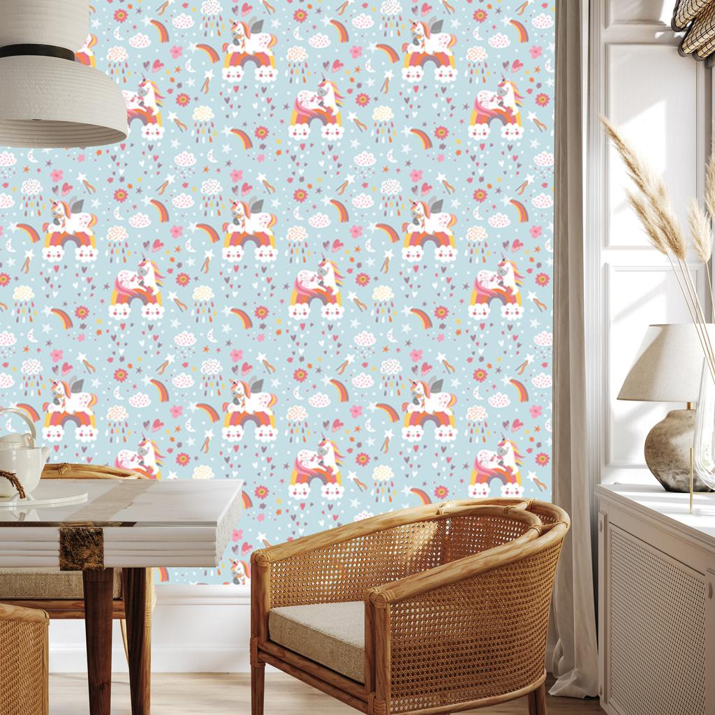 Unicorns Clouds and Hearts Wallpaper for Living Room and Bedroom 50x1000