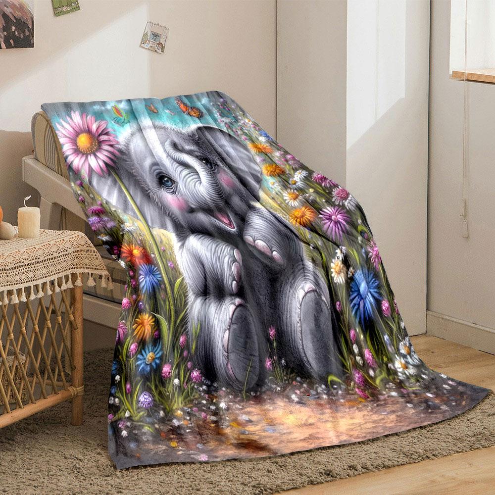 Cute Baby Elephant In a Flower Field Print Blanket Soft and Cozy Perfect for the Living Room Bed Sofa or a Nap,gift